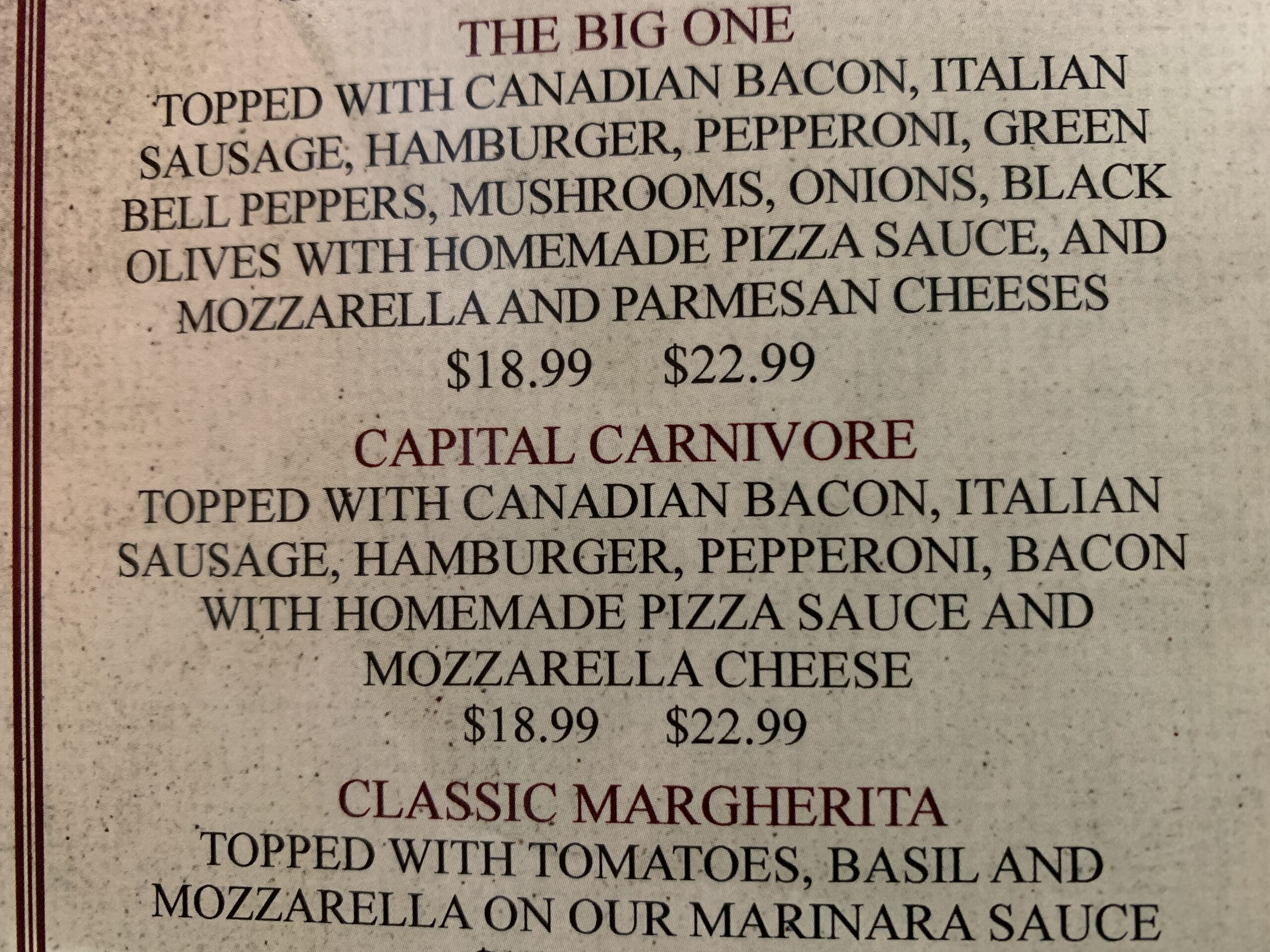 Capital Pizza Menu